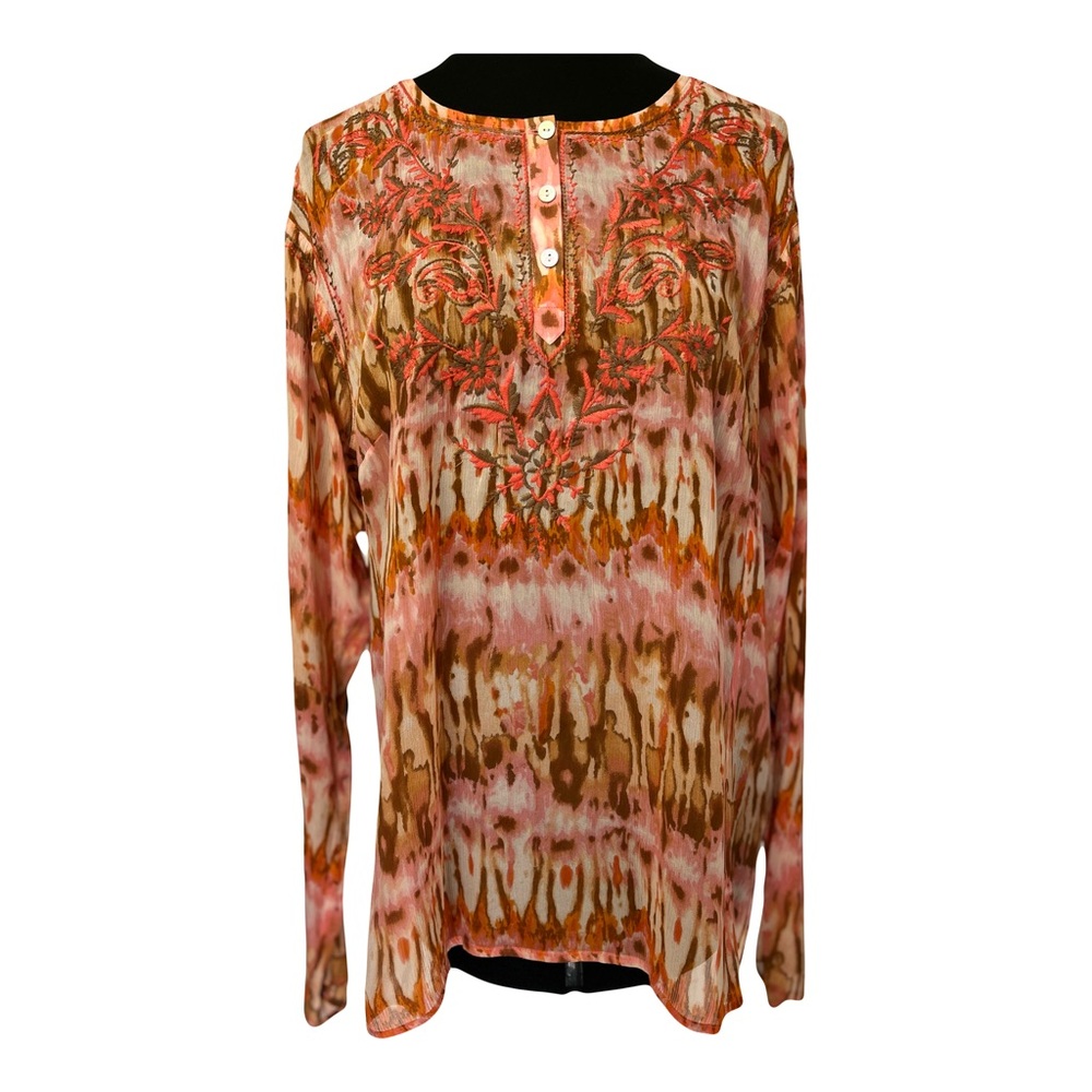 Sundance | Pink Orange Brown Watercolor Embroidered Silk Boho Popover Blouse, XL